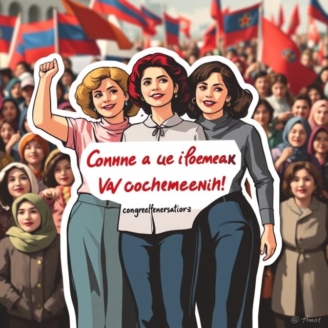 Создай стикер с фразой: три гордые женщины стоят, на фоне еще много женщин, они разные, поздравляют с праздником на демонстрации. В стиле советских плакатов