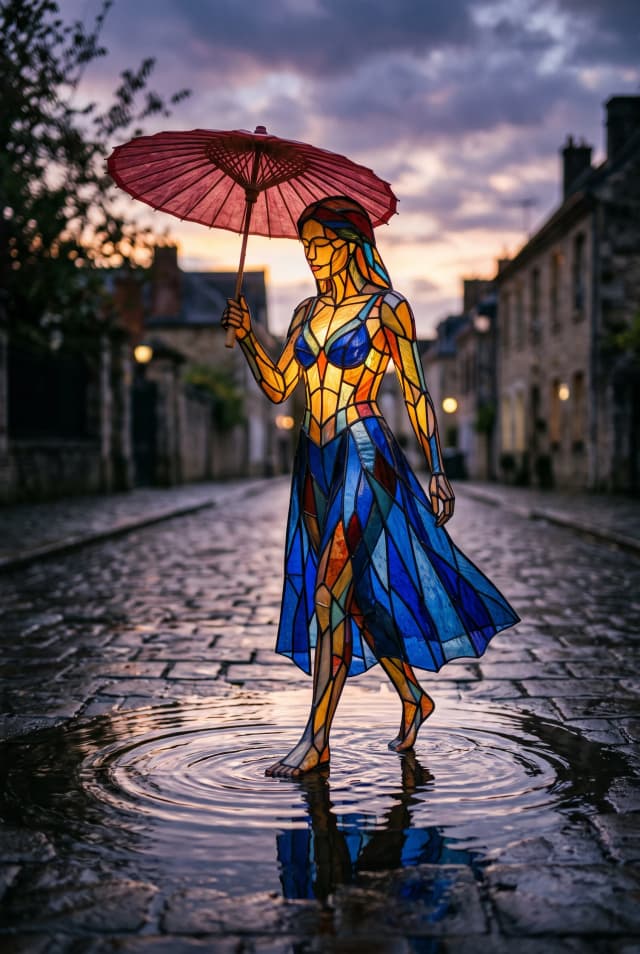 zidiusArt, a luminous, ethereal woman made of colorful stained glass, glowing with a soft, warm golden inner light, wearing a flowing blue stained glass dress, she holds a delicate red paper umbrella as she walks barefoot across a reflective puddle over a rain-slicked pavement, realistic water ripples spreading from her footsteps, soft sunset lighting, dreamlike atmosphere, intricate glass textures, vibrant colors, cinematic composition, high contrast, surrealism