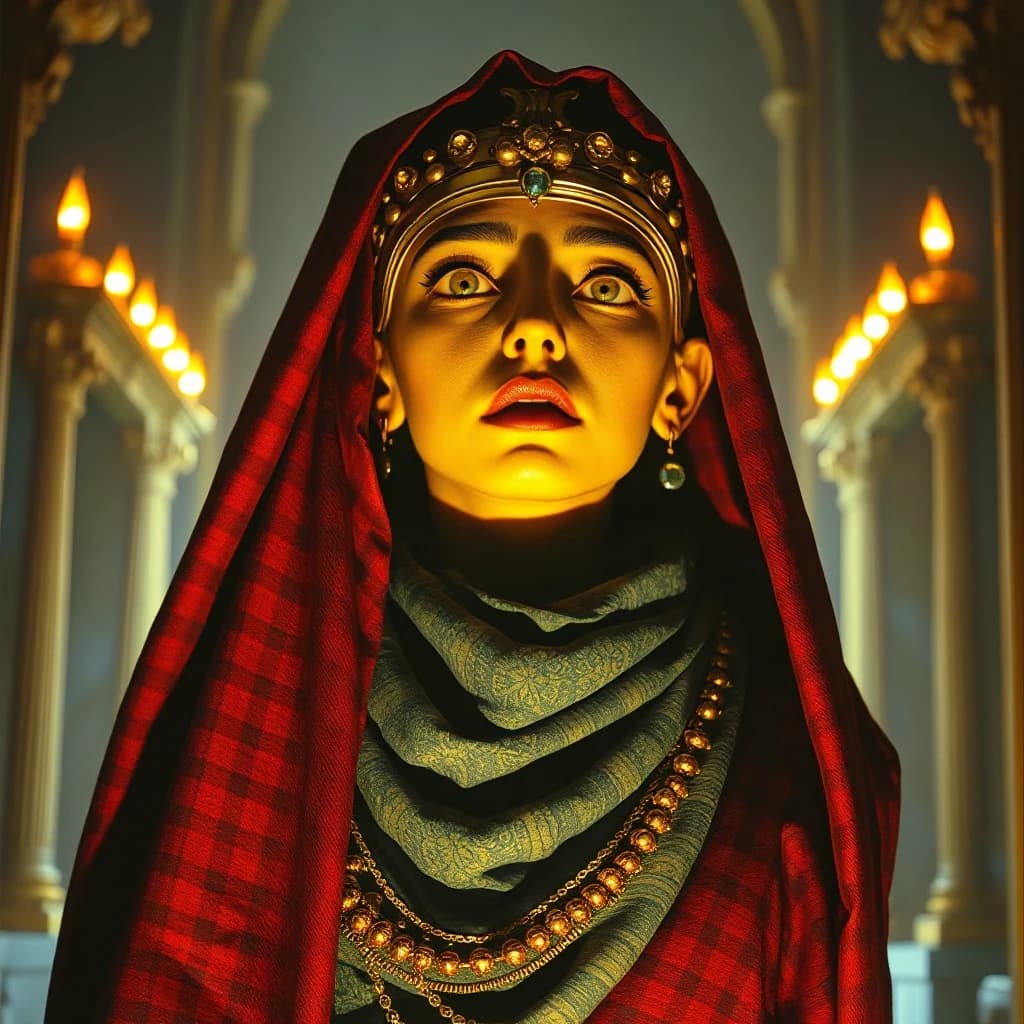 [stylized by John Moonan and Jon J Muth:3], Ghastly 1990'S small Pharao [Fatma:Isidora:2], she is from the 2100's, majestic, Tartan Scarf, Frightening, Orientalism Art, Velvia, ornate, cinematic light, stunning, full color, atmosphere, enchanted, highly contrasted, epic composition