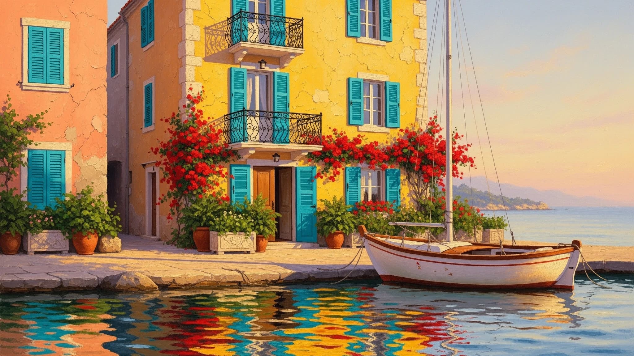 A vibrant coastal scene rendered in impressionistic painterly strokes: a bright yellow two-storey building with turquoise shutters and a black wrought-iron balcony, flanked by a peach-coloured building with matching shutters, surrounded by potted plants and climbing red flowers; a small white wooden sailboat with brown trim and a tall mast is moored in the foreground.