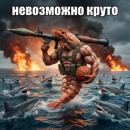 Надпись "невозможно круто" русским языком, мемным шрифтом и мегаперекачанная креветка с очень большой ракетницей на плече и баскетбольный мяч в руке и вокруг нее много акул и огня, она стоит именно на воде на хвосте , все реалиастично и не мультяшное, поэпичней и чтоб мускулы было видно