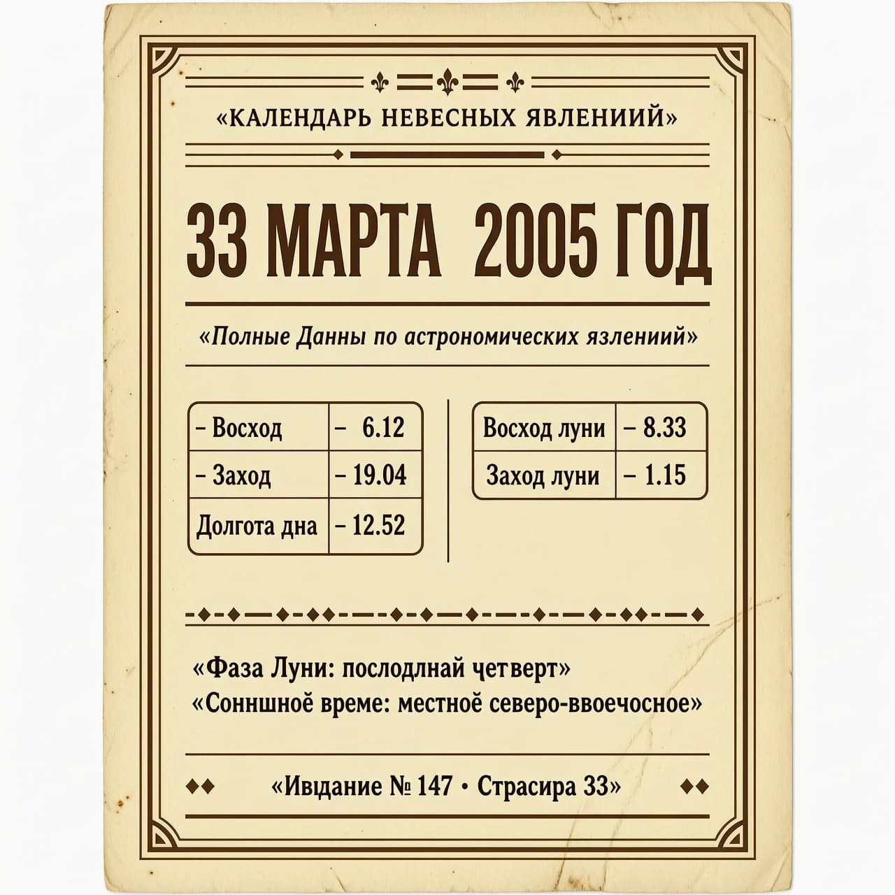 33 МАРТА  2005 ГОД                                                   |
|  Восход 6.12   Заход 19.04    Долгота дня 12.52   |
|                                                   |
|  Восход луны 8.33          Заход луны 1.15