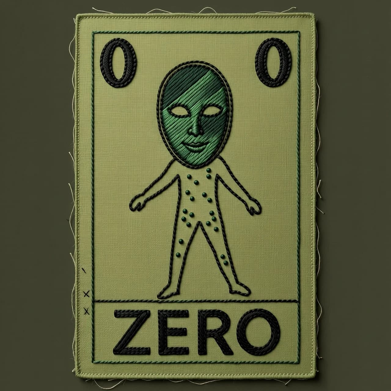 Tarot card style illustration, vertical rectangular composition, "The Fool" archetype. In the center, a minimalist and mystical contour silhouette of a Pierrot mask and a Fool's silhouette, executed in fine embroidery texture. In the upper corners, the number "0" is embroidered as a symbolic zero arcana. At the bottom, the word "ZERO" is rendered in a bold, clean, sans-serif typeface. The color palette is tactical and somber: an olive and moss green fabric base with dark forest green and charcoal black thread for the embroidery. Detailed textile texture with visible weave patterns, creating a sense of depth and mystery. Low-key lighting with soft shadows to emphasize the relief of the stitching. Moody, esoteric, and profound atmosphere. High-detail macro photography of embroidery on heavy military-grade canvas.