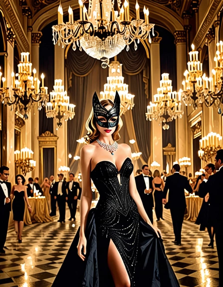 A magnificent masquerade ball inside a grand palace at exactly midnight. Among the elegant guests appears Selina Kyle wearing a stunning long black evening gown and a sophisticated mask. She stands beneath a massive crystal chandelier, secretly holding a small case containing a stolen diamond necklace. None of the guests suspect the theft. Dancing couples, golden mirrors, marble columns and hundreds of candles fill the ballroom. Selina looks directly into the camera with a mysterious smile, as if only the viewer knows her secret. Luxurious atmosphere, film noir elegance, sophisticated heist aesthetic, cinematic photorealism, black and gold tones, vertical format.