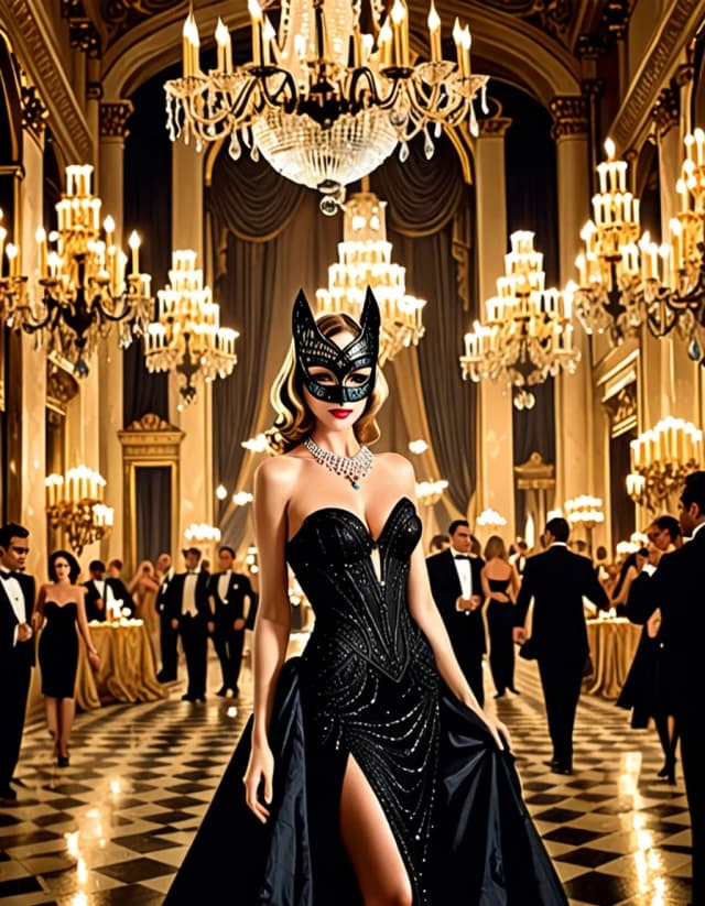 A magnificent masquerade ball inside a grand palace at exactly midnight. Among the elegant guests appears Selina Kyle wearing a stunning long black evening gown and a sophisticated mask. She stands beneath a massive crystal chandelier, secretly holding a small case containing a stolen diamond necklace. None of the guests suspect the theft. Dancing couples, golden mirrors, marble columns and hundreds of candles fill the ballroom. Selina looks directly into the camera with a mysterious smile, as if only the viewer knows her secret. Luxurious atmosphere, film noir elegance, sophisticated heist aesthetic, cinematic photorealism, black and gold tones, vertical format.