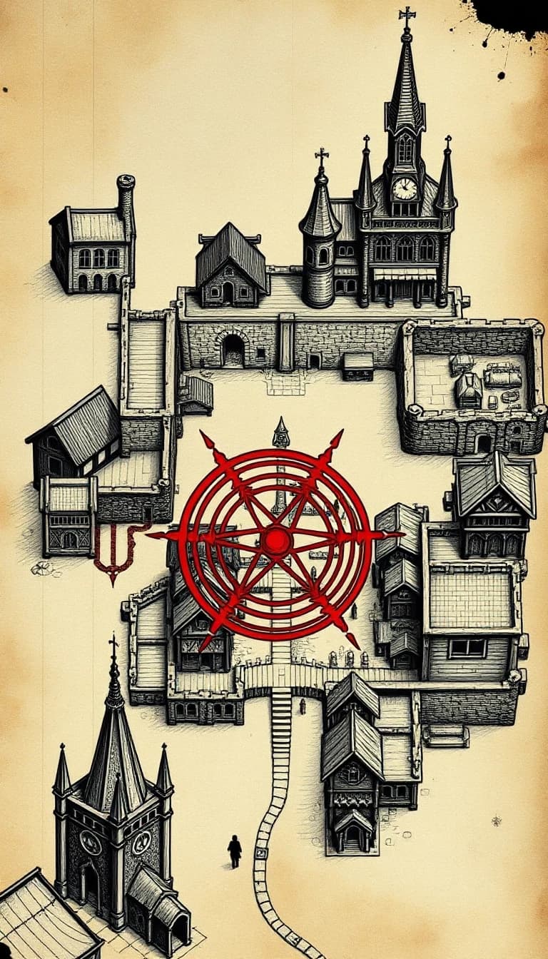 dark fantasy city map, bird's eye view, tabletop RPG style, hand-drawn ink on parchment, ancient gothic city, districts: Upper City with manor and town hall, Lower Quarters with tavern, barracks, slaughterhouse, burnt market, canal, orphanage, eastern docks, ruined wall, astrologer tower, cemetery, central square with spire, blood-red ritual spiral connecting five points, smoky atmosphere, oppressive, no text, no words, muted palette --ar 16:9 --v 6.0 --style raw