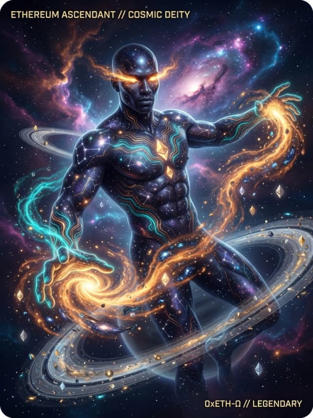 Full-body vertical trading card art (3:4 aspect ratio) of a magnificent, ethereal male cosmic deity made of pure Ethereum energy. He has a clearly visible, handsome and well-defined male face (eyes, nose, lips), but his entire face and muscular physique are sculpted from translucent dark celestial matter and cosmic space. His eyes and veins throughout his body glow intensely with bright orange and golden stardust flares, contrasted with flowing currents of neon-turquoise plasma. He is floating in deep space, manipulating giant swirling rivers of bright orange galactic energy and stellar sparks with his hands. Surrounded by planetary rings and beautiful nebulae in a cosmic background. Trading card game art style, epic sci-fi fantasy masterpiece, highly detailed, sharp contrast, cinematic volumetric lighting, 8k.