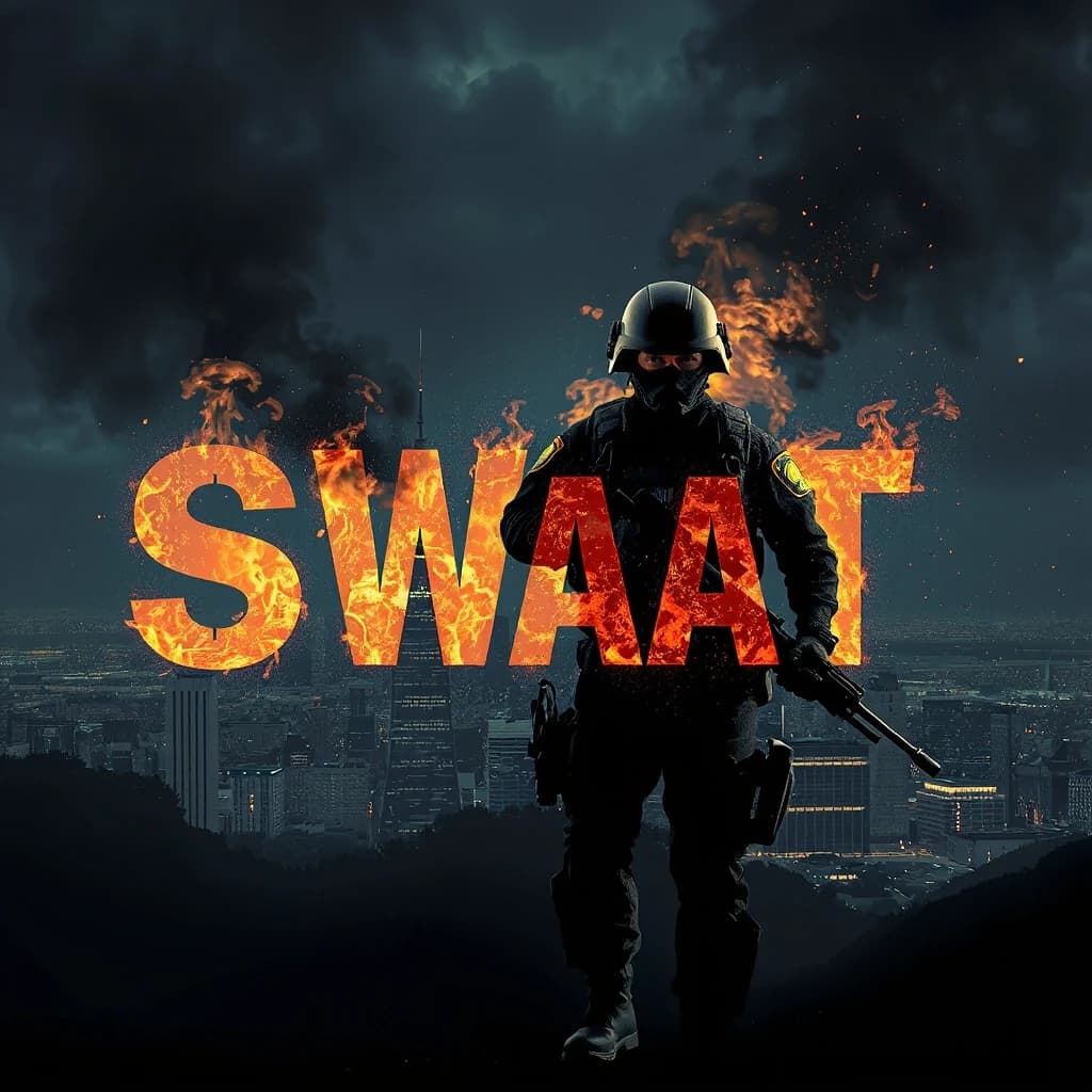сделай картинку с надписью SWAT чтоб на заднем фоне был огонь и город