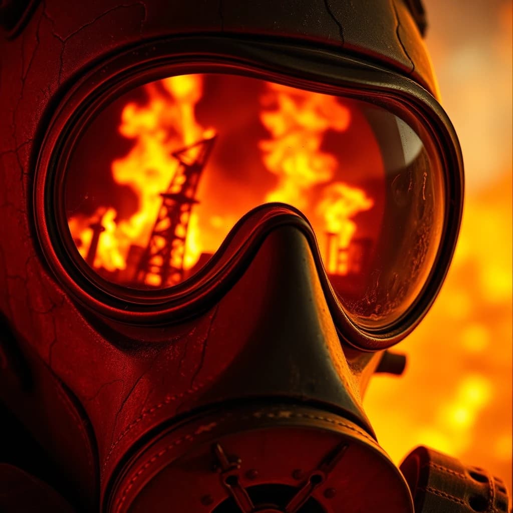 A hyper-realistic close-up of a Chernobyl liquidator’s Soviet-era gas mask, filling the frame with visceral detail. The mask’s thick rubber is cracked and stained with radioactive ash, its heavy straps frayed from use. The rounded lenses—scratched and slightly warped—reflect hellish flames from the reactor’s core, distorting the inferno into surreal shapes. Harsh sidelight from a dying flare reveals every fissure in the rubber, while backlighting outlines the mask in an eerie glow. Radioactive dust swirls in the air, some particles catching the firelight like tiny embers. Condensation fogs the edges of the lenses, betraying the wearer’s labored breath. In the reflections: crumbling structures and twisted metal consumed by fire, their forms bent by the curved glass. Shot on 35mm film with a macro lens for grain texture. --ar 4:5 --v 6 --style raw --q 2 --photoreal 200 --texture rubber:weathered --lighting flickering --atmosphere fallout --reflection inferno