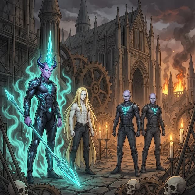 Epic group concept art in a grimdark gothic sci-fi universe. A monumental, ruined gothic cathedral serves as the backdrop, filled with massive decaying gears, flickering candles, swirling incense smoke, scattered skulls, and jagged metal scaffolding. In the far distance, the orange glow of war fires illuminates the heavy atmosphere. Cinematic composition with a sense of immense scale. The scene is rendered in a highly detailed realistic anime concept art style, featuring volumetric lighting, dramatic shadows, and sharp focus.

The group consists of four adult androgynous men in a tense, unnatural alliance. In the foreground stand the Psykers and the Scout, while the two Warp entities loom menacingly behind them.

On the far left, a Warp creature: an adult androgynous male with smooth lilac-purple skin, short dark-blue hair, long pointed ears, and two curved segmented horns. His eyes glow with intense turquoise light, and a large, glowing turquoise crystalline horn protrudes from his forehead. He has an athletic torso, an extremely narrow waist, wide rounded hips, and powerful thick legs. He wears tight black organic combat armor etched with glowing turquoise runes, wielding a long psychic spear. Swirling turquoise Warp energy distorts the space around his body.

Center-left, the Psykker: a beautiful adult human male with extremely long golden hair reaching the floor, pale skin, and bright blue eyes. He has a slender androgynous build with a narrow waist and wide hips