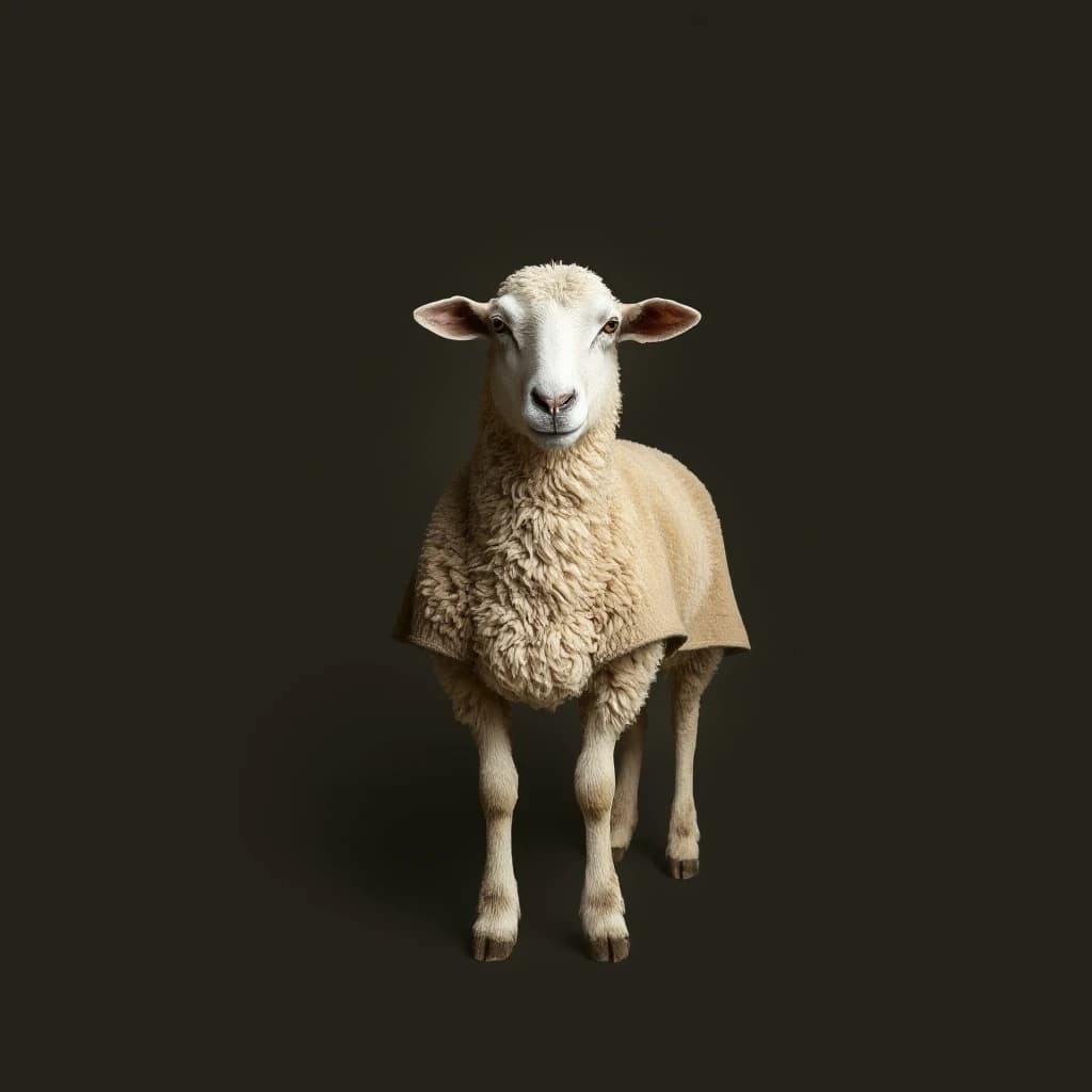 Draw a symmetrical frontal frame in the style of Wes Anderson for the A6 format. In the center is a full—length sheep (in a relaxed pose), with a light olive—colored cape on her shoulders. The background is a muted matte olive, without unnecessary elements. Palette: olive, dark gray, brown, beige. The lighting is subdued, atmospheric, and soft shadows. High detail: the texture of the cape fabric, the proportions of the sheep are anatomically precise. No labels. 8K, cinematic style.