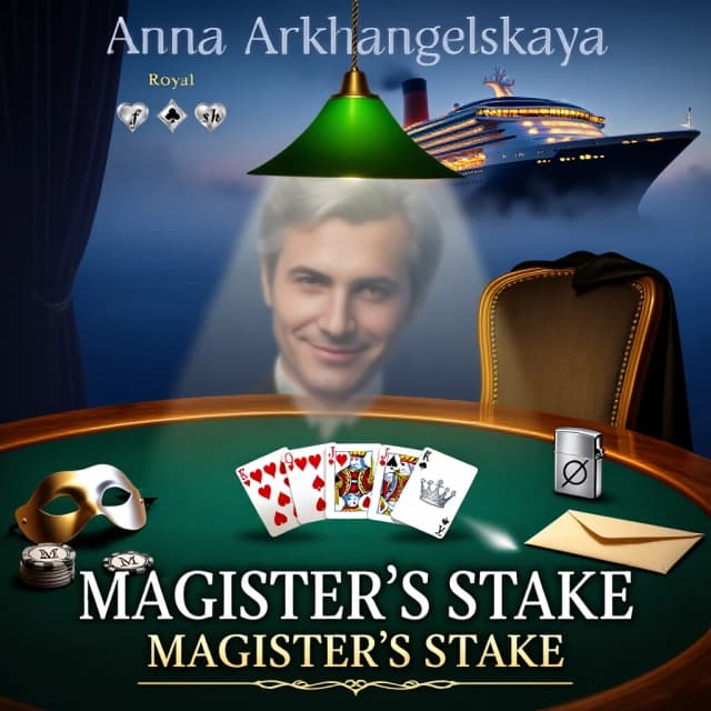Book cover, intellectual detective thriller. Evening. A quiet room in a gambling club. Above the table — a hanging lamp with an emerald green shade on a cord, low over the table. Soft warm diffused light. The table is wooden, covered with green baize, expensive, with a slight reflection in its polished surface.
On the table: a fan of five cards forming almost a royal flush (hearts: ace, king, queen, jack, ten). Among them — two cards breaking the combination:
- The Joker — classic, with cap and bells.
- The White King — white card with a silver crown, no suit.
Nearby:
- A poker chip engraved with “M” and a crown (Master).
- A mirrored half-mask — lying on the table, reflecting the soft lamp light.
- A metal lighter (Zippo-style) with a large symbol: a circle crossed diagonally by a line extending beyond the circle. A faint light reflection on the metal.
- An empty envelope.
In the polished surface of the table, large, occupying the central area — the reflection of the Master’s face. A man, elegant, with slight gray in his hair, a mysterious, barely noticeable smile. The reflection is blurred, like a ghost emerging through the cards, but distinctly recognizable. It occupies about a third of the table surface.
Behind the table — an empty armchair with a high back. A dark cloak hangs on its back.
In the distance, through light mist — a clear but soft silhouette of a modern cruise liner: smooth hull, no smoking funnels, illuminated decks and portholes.
Colors: deep blue, emerald green, gold, silver, white, pale skin tone (face reflection).
Text layout:
— Top: на русском “Анна Архангельская” (white elegant serif font, large).
— Below: на русском “Королевский” (golden, stylized, slightly smaller than the author name).
— Under it: a line of four suit symbols (spade, heart, diamond, club) in silver with golden letters “ф”, “л”, “е”, “ш” inside.
— Bottom: “СТАВКА МАГИСТРА” (large, bold, white font with a thin golden outline).
— Beneath the title, a thin decorative ornamental line (typographic element, book style).
Mood: mystery, broken order, luxurious club, presence of an invisible master. –ar 2:3 –style raw