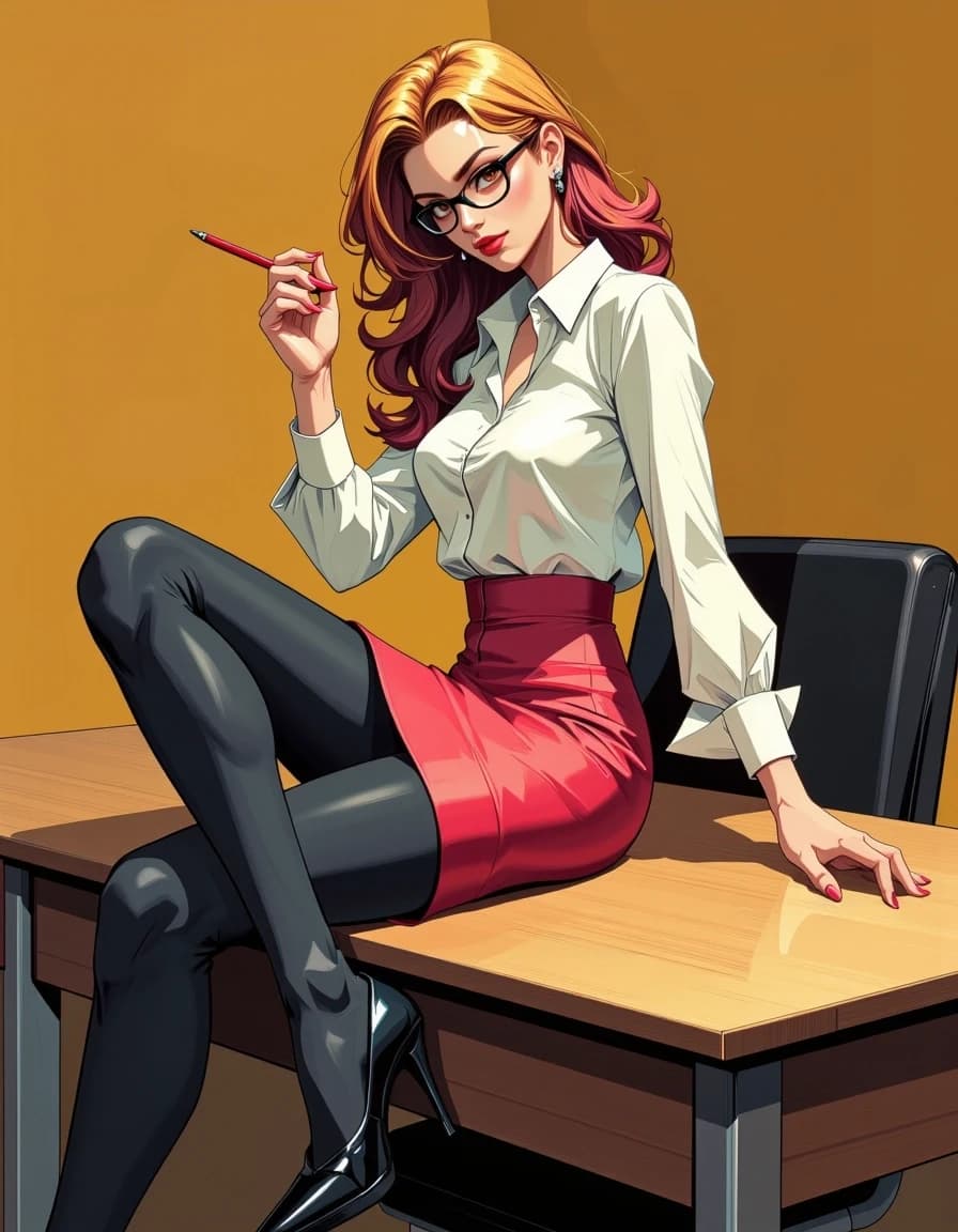 A masterpiece,  in the style of the 1980s, with bold lines, dynamic strokes and rich textures, on background with a touch of nostalgia, perhaps with subtle drawings inspired by cellulose and vintage, worn textures similar to paper, oil painting, A glamorous 28-year-old university lecturer sits elegantly on the edge of a wooden desk, legs crossed naturally, holding a red pen. Long blonde-chestnut hair with wine-red highlights, amber eyes, black glasses, fitted ivory blouse, cherry-red pencil skirt, black opaque tights and black pumps. Slightly low three-quarter angle, warm bright classroom, confident playful expression. Correct leg lengths, compact ankles, natural knees, hands and feet, both shoes visible. Polished glossy anime digital realism, high resolution, no grain, ripple, moiré or AI shimmer, celshading, simple background