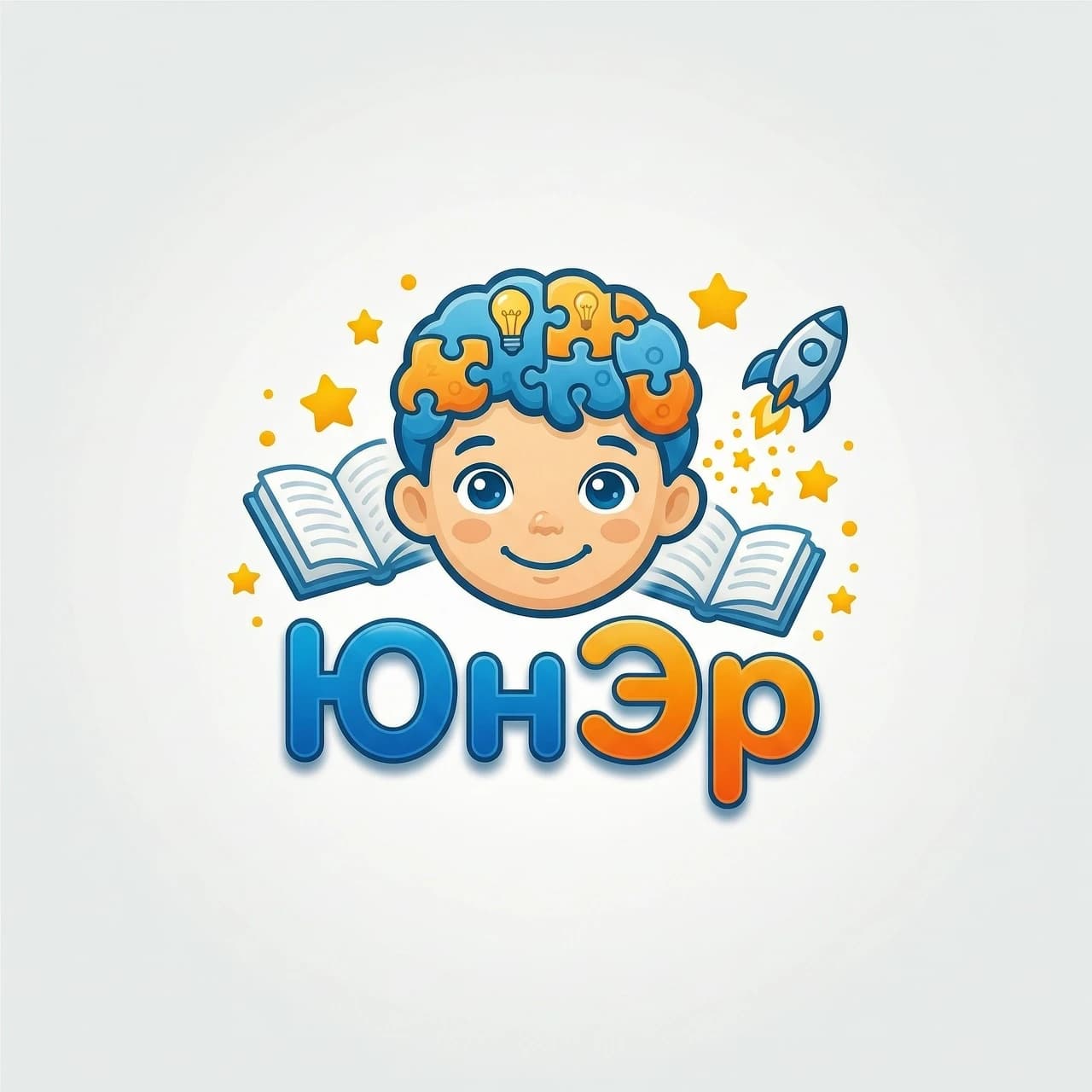 Создай логотип для YouTube-канала "ЮнЭр" на тематику воспитания и развития детей. Стиль: современный, дружелюбный, детский, но при этом профессиональный.

**Основные элементы:**
1. Стилизованное лицо ребёнка (нейтрального пола, 3-8 лет), где:
   - Голова и мозг выполнены из **головоломок и лампочек**, символизирующих интеллект и креативность.
   - Глаза — яркие, выразительные, как у ребёнка.
   - Рот — улыбка или нейтральное выражение.
2. Текст "ЮнЭр" в центре:
   - Шрифт: округлый, дружелюбный, но чёткий (например, как у Disney или Roboto Round).
   - Цвет: **градиент от синего (🔵 #0077FF)** до **оранжевого (🟠 #FF8C00)**.
   - Эффект: лёгкий блеск или тень для объёма.
3. Дополнительные элементы (на заднем плане или вокруг текста):
   - Книги с открытыми страницами.
   - Маленькая ракета или звёздочка (символ энергии).
   - Звёзды или точки (как в детских развивающих играх).
4. Цветовая палитра:
   - Основные: синий (🔵 #0077FF), оранжевый (🟠 #FF8C00), жёлтый (🟡 #FFD700).
   - Фон: белый (⚪ #FFFFFF) или очень светлый серый (🟤 #F5F5F5) для контраста.
5. Стиль:
   - **Плоский дизайн (flat design)** или лёгкий **3D-эффект** (тени, блики).
   - **Векторный стиль** (чёткие линии, без излишней детализации).
   - Разрешение: **высокое (4K, 1920x1080 или 16:9)**.

**Дополнительные уточнения:**
- Логотип должен быть **узнаваемым** на фоне любого цвета (лучше на светлом).
- Избегай сложных элементов — логотип должен легко масштабироваться (например, для иконки канала).
- Добавь лёгкую динамику (например, искры или лучи света от лампочек), чтобы подчеркнуть энергию.