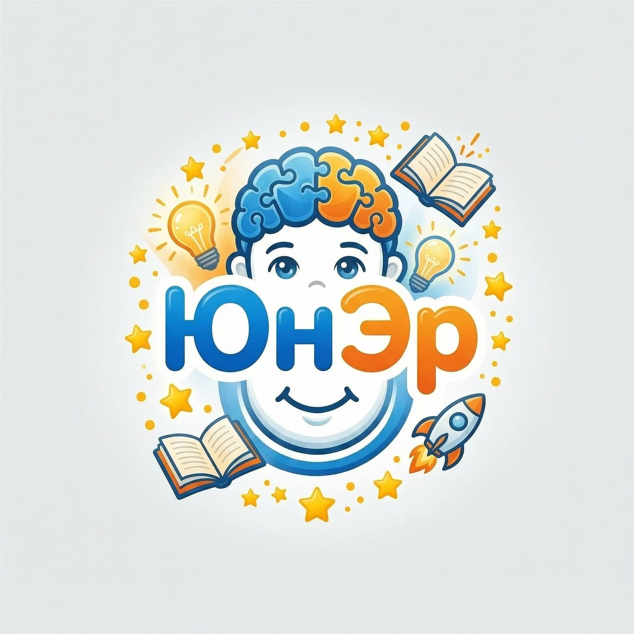 Создай логотип для YouTube-канала "ЮнЭр" на тематику воспитания и развития детей. Стиль: современный, дружелюбный, детский, но при этом профессиональный.

**Основные элементы:**
1. Стилизованное лицо ребёнка (нейтрального пола, 3-8 лет), где:
   - Голова и мозг выполнены из **головоломок и лампочек**, символизирующих интеллект и креативность.
   - Глаза — яркие, выразительные, как у ребёнка.
   - Рот — улыбка или нейтральное выражение.
2. Текст "ЮнЭр" в центре:
   - Шрифт: округлый, дружелюбный, но чёткий (например, как у Disney или Roboto Round).
   - Цвет: **градиент от синего (🔵 #0077FF)** до **оранжевого (🟠 #FF8C00)**.
   - Эффект: лёгкий блеск или тень для объёма.
3. Дополнительные элементы (на заднем плане или вокруг текста):
   - Книги с открытыми страницами.
   - Маленькая ракета или звёздочка (символ энергии).
   - Звёзды или точки (как в детских развивающих играх).
4. Цветовая палитра:
   - Основные: синий (🔵 #0077FF), оранжевый (🟠 #FF8C00), жёлтый (🟡 #FFD700).
   - Фон: белый (⚪ #FFFFFF) или очень светлый серый (🟤 #F5F5F5) для контраста.
5. Стиль:
   - **Плоский дизайн (flat design)** или лёгкий **3D-эффект** (тени, блики).
   - **Векторный стиль** (чёткие линии, без излишней детализации).
   - Разрешение: **высокое (4K, 1920x1080 или 16:9)**.

**Дополнительные уточнения:**
- Логотип должен быть **узнаваемым** на фоне любого цвета (лучше на светлом).
- Избегай сложных элементов — логотип должен легко масштабироваться (например, для иконки канала).
- Добавь лёгкую динамику (например, искры или лучи света от лампочек), чтобы подчеркнуть энергию.