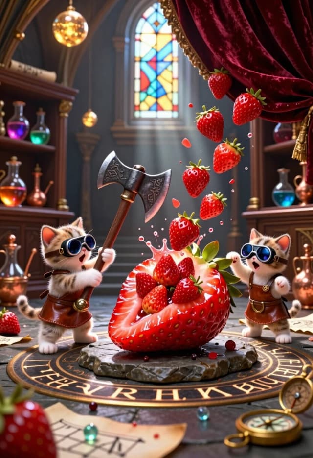 Фотореалистичная 3D‑визуализация, кинематографическое качество, 8K: в роскошном фэнтезийном зале, напоминающем библиотеку алхимика, три крошечных котёнка в миниатюрных кожаных фартучках и с защитными очками на мордочках готовятся к «великому эксперименту». Пол выложен тёмным сланцем с инкрустацией из светящихся рун, вокруг — высокие стеллажи из тёмного дерева, уставленные стеклянными сосудами с мерцающими жидкостями, медными ретортами и свитками. В центре зала на массивной каменной плите лежит гигантская клубника — она выглядит как твёрдая, почти каменная скорлупа с глянцевой поверхностью и рельефными прожилками.

Один котёнок обеими лапками крепко держит рукоять огромного кованого топора с узорчатым лезвием, второй тянет за лезвие, помогая замахнуться, а третий стоит чуть в стороне и взволнованно машет лапкой, будто отсчитывает: «Раз‑два‑три!». В момент удара топор врезается в клубничную «скорлупу», и она раскалывается с эффектом разлетающихся осколков — но внутри не мякоть, а десятки маленьких, идеально сформированных клубничек, которые сыплются каскадом, катятся по каменному полу и застревают в складках бархатных драпировок.

Клубника действительно работает как защитная оболочка: толстые внешние слои отлетают кусками, обнажая аккуратные миниатюрные ягоды внутри — будто раскрыли клад. В воздухе зависли брызги сока и лёгкие частицы «скорлупы», подсвеченные косым лучом света из узкого витражного окна. На переднем плане — размытые детали: рассыпанные стеклянные бусины, свиток с набросками «плана раскола», крошечный латунный компас.

Освещение — драматичное: тёплый золотистый свет от парящих в воздухе магических сфер контрастирует с холодными тенями, подчёркивая текстуру шерсти котят, блеск металла топора и глянцевую поверхность клубники. Композиция построена как кульминационный кадр из эпического фэнтези‑фильма: масштаб преувеличен, эмоции котят гипертрофированы, но всё выполнено в фотореалистичном стиле с максимальной детализацией — от ворсинок на ушках до микрокапель сока на осколках «скорлупы».