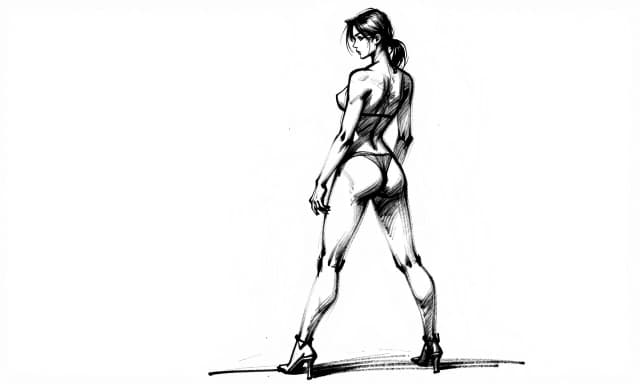 Craft a conceptual, professional, expressive, and rapid simplified charcoal sketch of beautiful female figure back view interesting pose Intricate details. Emphasize dynamic and strong strokes, lines, and shading to construct a compelling image that conveys a clear theme or idea with a minimal but impactful approach intricate line drawings, by craig mullins, ruan jia, kentaro miura, greg rutkowski, loundraw