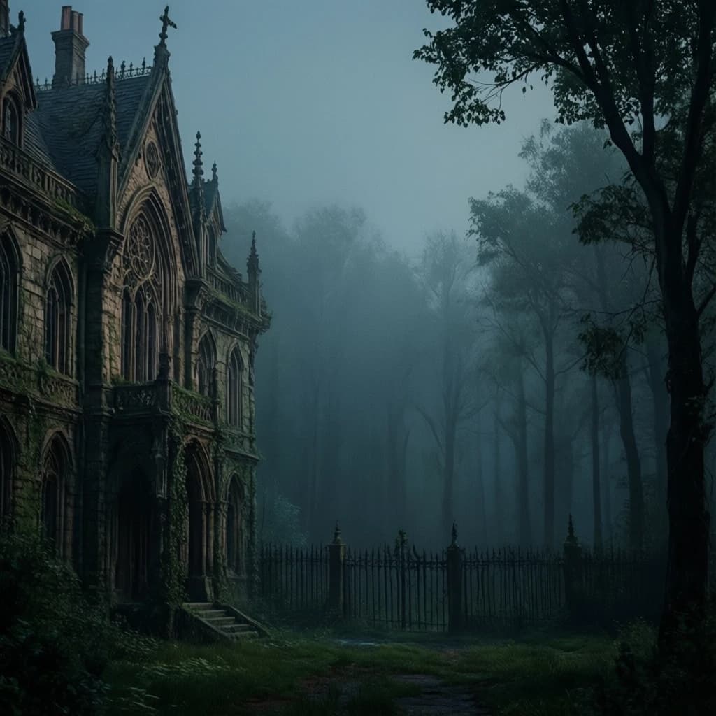 слева загадочное здание,Gothic II, за ее забором начинается лес, который скрыт на дальнем плане туманом. Вечер, приглушенные тона,  стиль цифровая фентази живопись