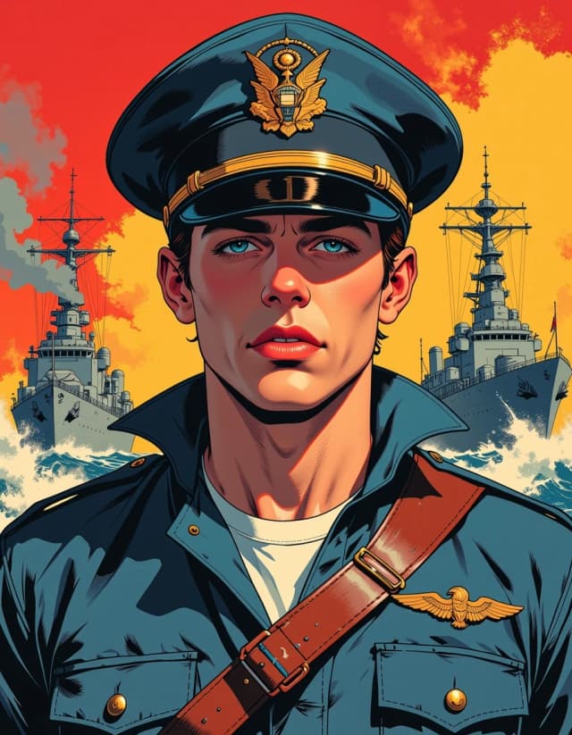 A masterpiece,  in the style of the 1980s, with bold lines, dynamic strokes and rich textures, Generate an fun, retro style image of an  Navy sailor large in the foreground. Background Navy ships.