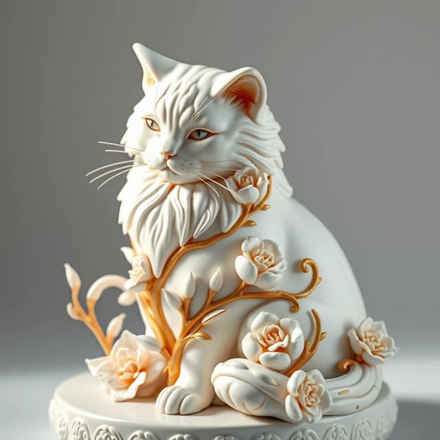 Digital image in Baroque and rocaille style with elements of kintsugi technique. Close-up. (Decorative sculpture made of white porcelain: 1.5). Golden cracks. Volume. The Persian cat. Glossy, porcelain, shiny. The cat's head and body are decorated with gorgeous embossed flowers. (Perfect white porcelain (1.5 ). Exquisite carvings that convey the fur, whiskers and tail of a seated cat. The edges of the leaves and the patterns are decorated with intricate carvings. Thin twigs, delicate flowers and leaves. Lots of fine gold veins. Intricate weaves, swirls, almost psychedelic ornaments. An amazing, mesmerizing sight: the glow. Luminescence. The background is white, with shadows and spectacular lighting. Style: rococo, surrealism, fairy tale, fantasy. Dynamic and expressive. Subtle patterns. Stylization, intricate decorative molding, surrealism, modernism. In the manner of Andrew Jones, Lorenzo Bernini. High quality.