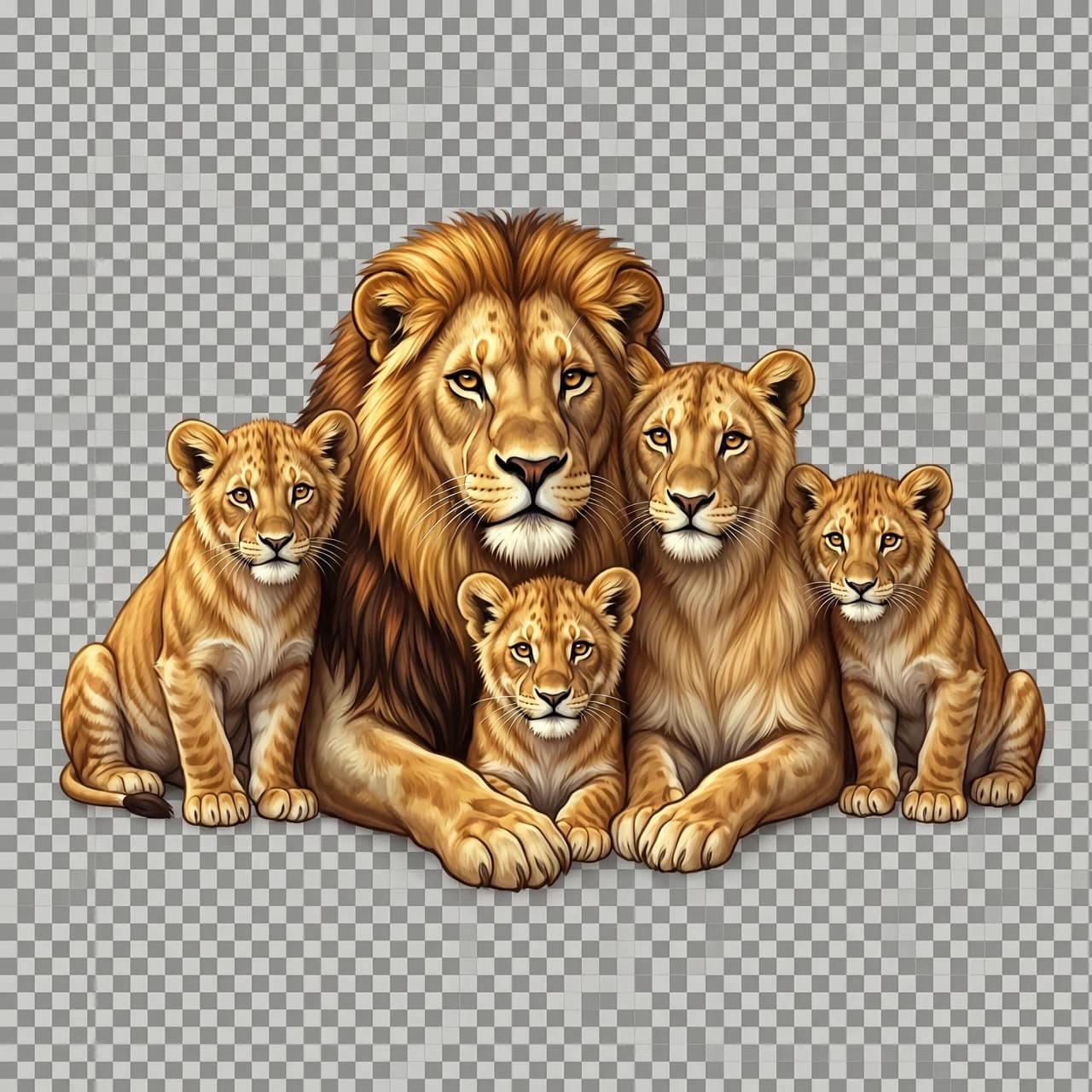 Draw a touching scene: a lion family, closely pressed against each other, conveys a sense of love, understanding, warmth, and affection. In the center is the father lion, next to him is the mother lioness, and on either side are three small lion cubs. The lions are looking at the viewer; their gazes are filled with tenderness and care. The lions’ fur is depicted in detail: soft highlights in golden‑red shades, delicate reflections. The background is transparent. Style: realistic digital painting, high level of detail, cinematic lighting, 8K.