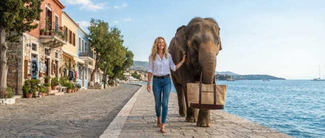 Wide horizontal shot, clear sunny day, empty narrow embankment in the foreground, no people, no animals, to the left of the embankment are old beautiful houses with small shops and a few trees, to the right is a piece of the sea and a lot of sky; in the foreground, a beautiful slender blonde walks next to an elephant, the girl is dressed in blue jeans with a leather belt and a white shirt, the elephant carries a bag made of jute on its trunk. The bag handles are dark brown, leather. The bag is clearly visible against the general background. The girl looks forward and smiles. Both figures (girl and elephant) are small enough to fit into the wide horizontal frame. Photorealism style 16:9