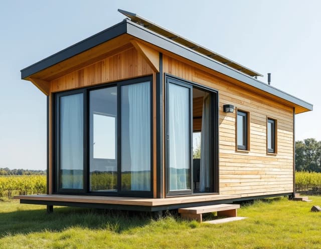 Premium eco-friendly frame micro-house for rent, wooden architecture, black frames, solar panels on top, green grass lawn, bright summer day, architectural masterpiece.