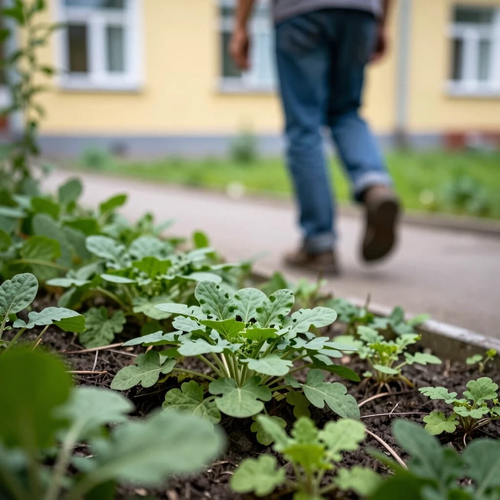 A man walks around the dacha and looks at the weeds - goosefoot