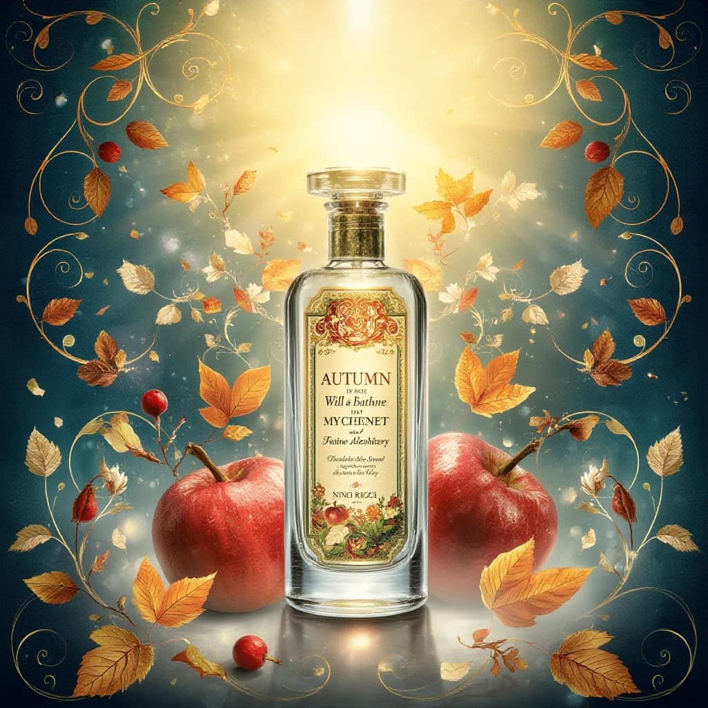 ((Advertising card)) (Greeting card background): blue and white, golden brown, golden white, golden blue, golden light blue. (Decorated with floral scrolls, spirals, vignettes of falling leaves and sunlight. (Autumn will bathe in my vial). (Autumn) is quite a subtle, skilled alchemist.There’s blood‑red rosehip, grains of blackberry, a crunchy forest and heather, and wormwood,
and red hawthorn with a slight bitterness, and datura, and heavenly blue. I’ll squeeze out the pulp of a ruby‑red pomegranate, the petals of late‑blooming roses, a coniferous aroma, a slice of scarlet eastern melon,
a ripe pear, a pinch of wormwood.   (Colors):golden, white, green, white‑green, yellow‑golden, silver, pink‑golden, silver‑white, pink‑lilac, white‑pink, silver‑platinum.  ((A tall crystal perfume bottle. The bottle sparkles in the rays of magical light and golden sparks of enchanted fire, absorbing the scents of late‑blooming rose petals, the aroma of pine, smoke, dark chocolate, and flowers. Golden highlights swirl around the bottle)). (Colors):golden, scarlet, green, white‑green, yellow‑golden, silver, pink‑golden, silver‑white, pink‑lilac, copper‑pink, silver‑platinum. (Style):art fantasy, shabby chic, poster, advertising, art design, retro design, magical realism, metaphorism, poetry, postcard, romance, early autumn, apples, double exposure, tenderness, a perfume bottle in an autumn mist in the style of Nino Ricci, autumn, romance, close‑up, high quality, gradient, elegance, radiance and shine. Inner light, 4K, intricate details.