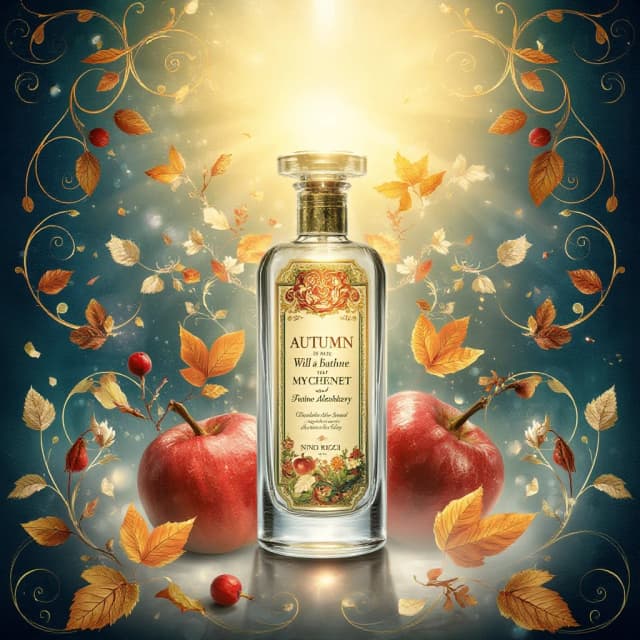 ((Advertising card)) (Greeting card background): blue and white, golden brown, golden white, golden blue, golden light blue. (Decorated with floral scrolls, spirals, vignettes of falling leaves and sunlight. (Autumn will bathe in my vial). (Autumn) is quite a subtle, skilled alchemist.There’s blood‑red rosehip, grains of blackberry, a crunchy forest and heather, and wormwood,
and red hawthorn with a slight bitterness, and datura, and heavenly blue. I’ll squeeze out the pulp of a ruby‑red pomegranate, the petals of late‑blooming roses, a coniferous aroma, a slice of scarlet eastern melon,
a ripe pear, a pinch of wormwood.   (Colors):golden, white, green, white‑green, yellow‑golden, silver, pink‑golden, silver‑white, pink‑lilac, white‑pink, silver‑platinum.  ((A tall crystal perfume bottle. The bottle sparkles in the rays of magical light and golden sparks of enchanted fire, absorbing the scents of late‑blooming rose petals, the aroma of pine, smoke, dark chocolate, and flowers. Golden highlights swirl around the bottle)). (Colors):golden, scarlet, green, white‑green, yellow‑golden, silver, pink‑golden, silver‑white, pink‑lilac, copper‑pink, silver‑platinum. (Style):art fantasy, shabby chic, poster, advertising, art design, retro design, magical realism, metaphorism, poetry, postcard, romance, early autumn, apples, double exposure, tenderness, a perfume bottle in an autumn mist in the style of Nino Ricci, autumn, romance, close‑up, high quality, gradient, elegance, radiance and shine. Inner light, 4K, intricate details.