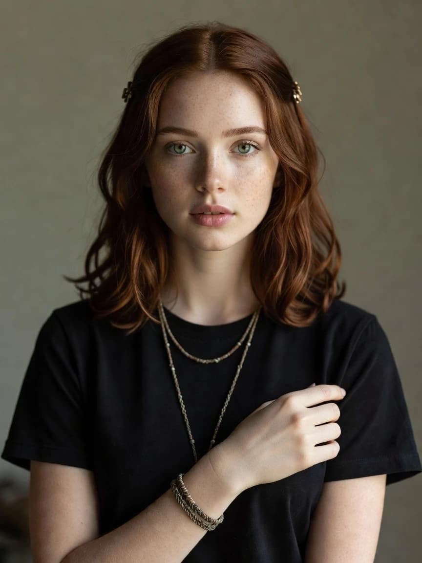 Girl, solo, string jewelry, freckles, red hair, woven bracelet, shirt, black shirt, realistic, simple clips, green eyes, upper body, slightly parted lips, short sleeves, chestnut hair, lips, medium‑length hair, T‑shirt, looking at the viewer