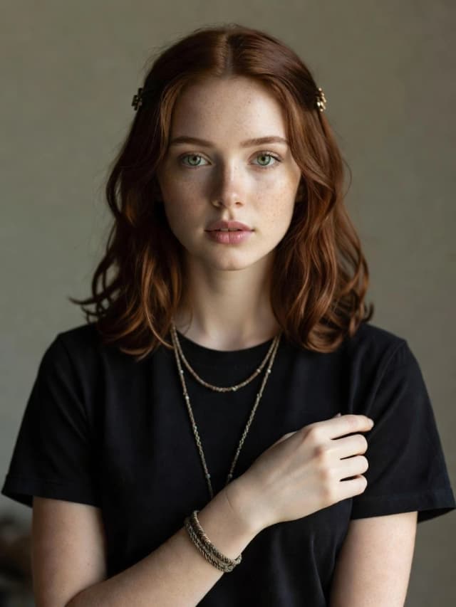 Girl, solo, string jewelry, freckles, red hair, woven bracelet, shirt, black shirt, realistic, simple clips, green eyes, upper body, slightly parted lips, short sleeves, chestnut hair, lips, medium‑length hair, T‑shirt, looking at the viewer