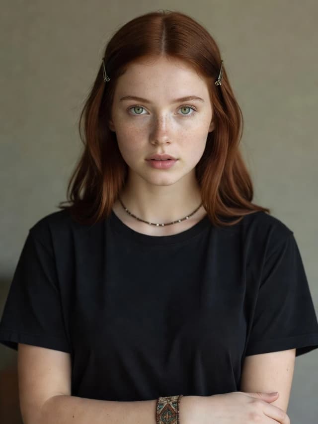 Girl, solo, string jewelry, freckles, red hair, woven bracelet, shirt, black shirt, realistic, simple clips, green eyes, upper body, slightly parted lips, short sleeves, chestnut hair, lips, medium‑length hair, T‑shirt, looking at the viewer