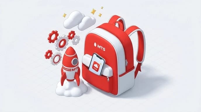 3D isometric illustration, school backpack with smartphone and rocket, cloud, gears, red and white color palette, MTS branding, soft shadows, clean background, 16:9
