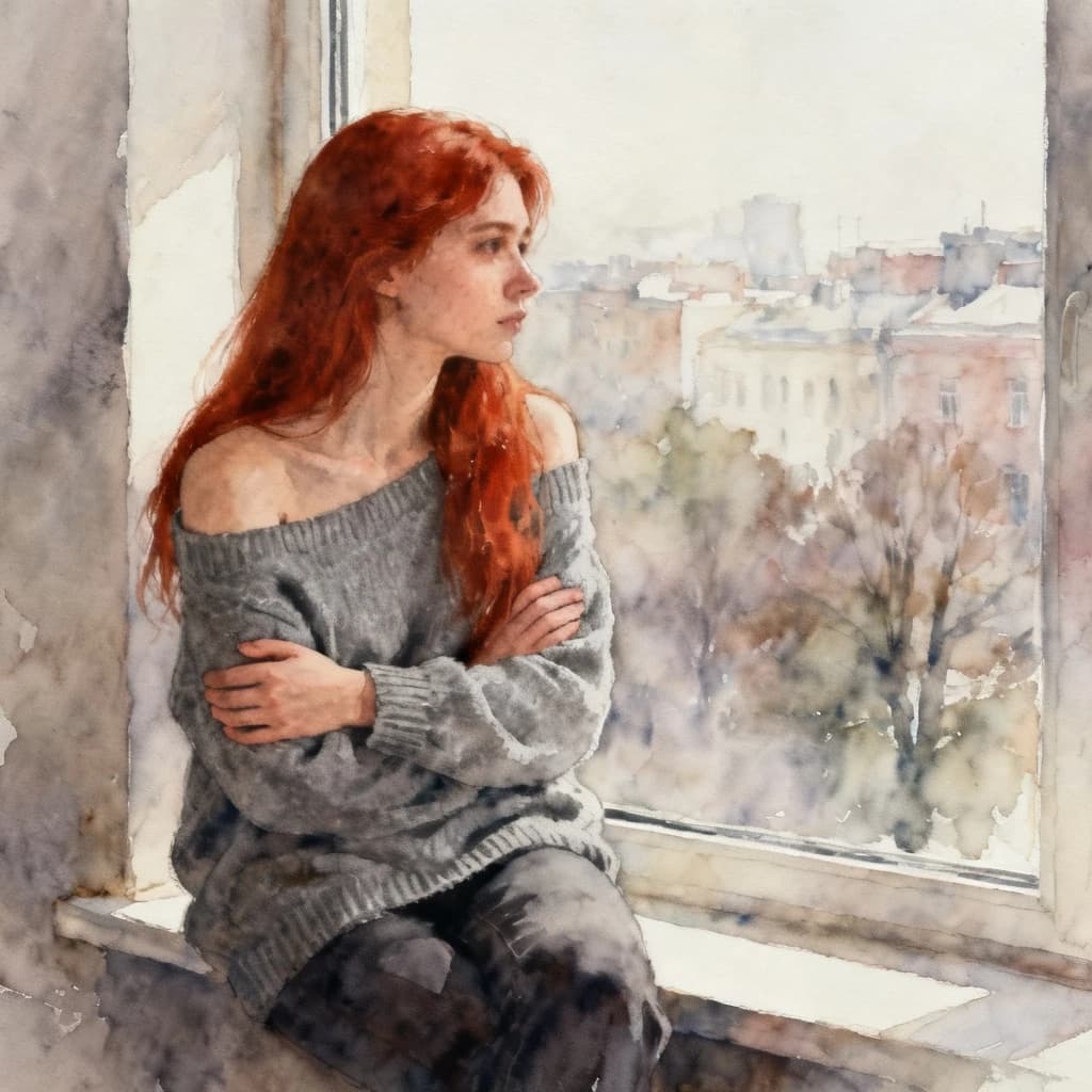 The image is a portrait of a young woman with long red hair. She is sitting on a window sill, looking out with a thoughtful expression on her face. The woman is wearing a gray off-the-shoulder sweater and her arms are crossed over her chest. The background is blurred, but it appears to be a cityscape with buildings and trees. The overall mood of the image is somber and contemplative. The image has a watercolor-like quality, giving it a soft and dreamy feel.