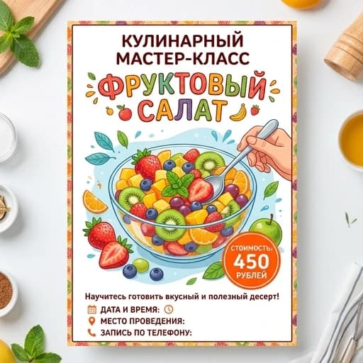 Афиша на русском языке кулинарный мастер-класс «Фруктовый салат» стоимость 450 рублей