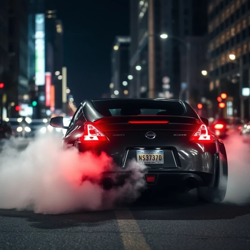 Nissan 370z делает бернаут на главной улице в ночном городе, тормоза раскалились, вид сзади, из колес идет дым