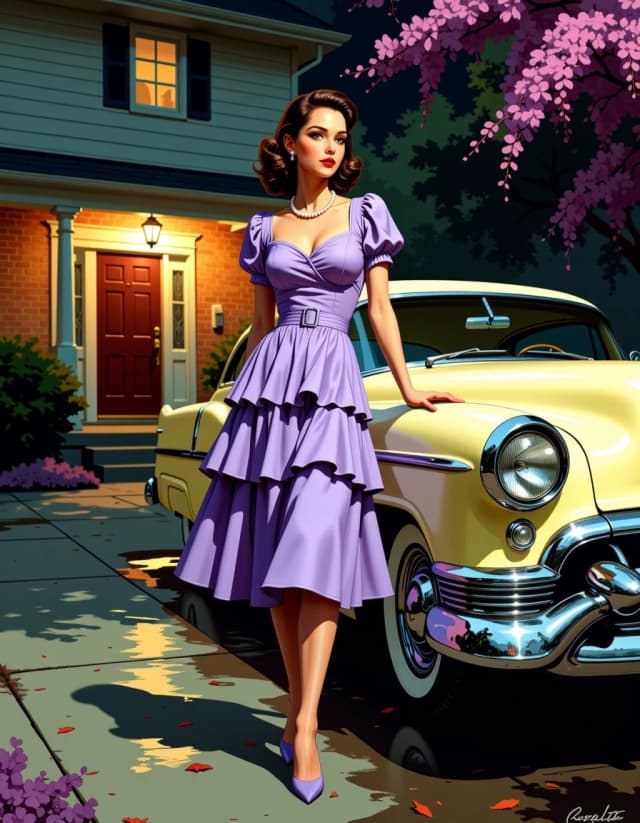 A masterpiece,  in the style of the 1980s, with bold lines, dynamic strokes and rich textures, on background with a touch of nostalgia, perhaps with subtle drawings inspired by cellulose and vintage, worn textures similar to paper, oil painting, Cinematic nighttime suburban scene, photorealistic vintage pin-up aesthetic: a glamorous 1950s woman in a lavender tiered dress with puff sleeves and a wide belt, pearl necklace, red lipstick, perfectly coiffed brunette hair, walking gracefully and leaning against the hood of a cream-colored classic car with gleaming chrome bumpers, dual round headlamps and whitewall tires. Warm porch lights and wisteria-draped eaves cast soft backlight, while a cool directional key light from camera-left sculpts her figure and creates dramatic shadows and reflective highlights on the car. Wet driveway with subtle reflections, scattered autumn leaves, manicured front garden and mid-century brick house in soft bokeh. Low-angle three-quarter composition, shallow depth of field, sharp detail on face, dress texture, chrome and glass, moody contrast, rich color grading, slight film grain, high dynamic range, volumetric light, studio-level retouching, ultra-detailed, 8k realism.