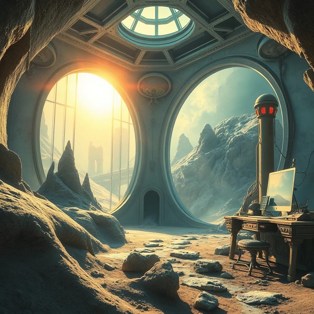 landscape of a Freezing Fairy-Tale (Alien Gene Bank:1.1) , indoors and Martian surface in background, Sunny, Deathpunk, ultra high res, vivid colors, magical atmosphere, creative, professional fine composition, illustrious, dynamic dramatic beautiful full taking, dynamic background, dynamic, winning, elegant