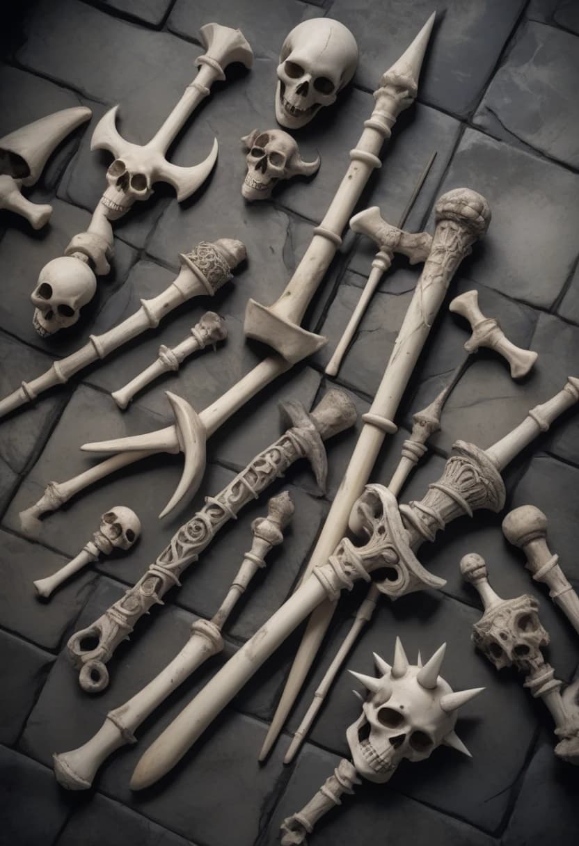 view strictly from above, several bone spiked clubs, crafted from ancient, weathered ivory-colored bone, laid out on the stone floor