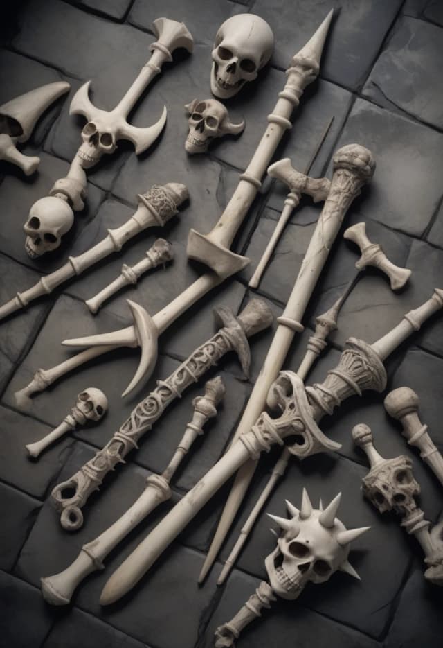 view strictly from above, several bone spiked clubs, crafted from ancient, weathered ivory-colored bone, laid out on the stone floor