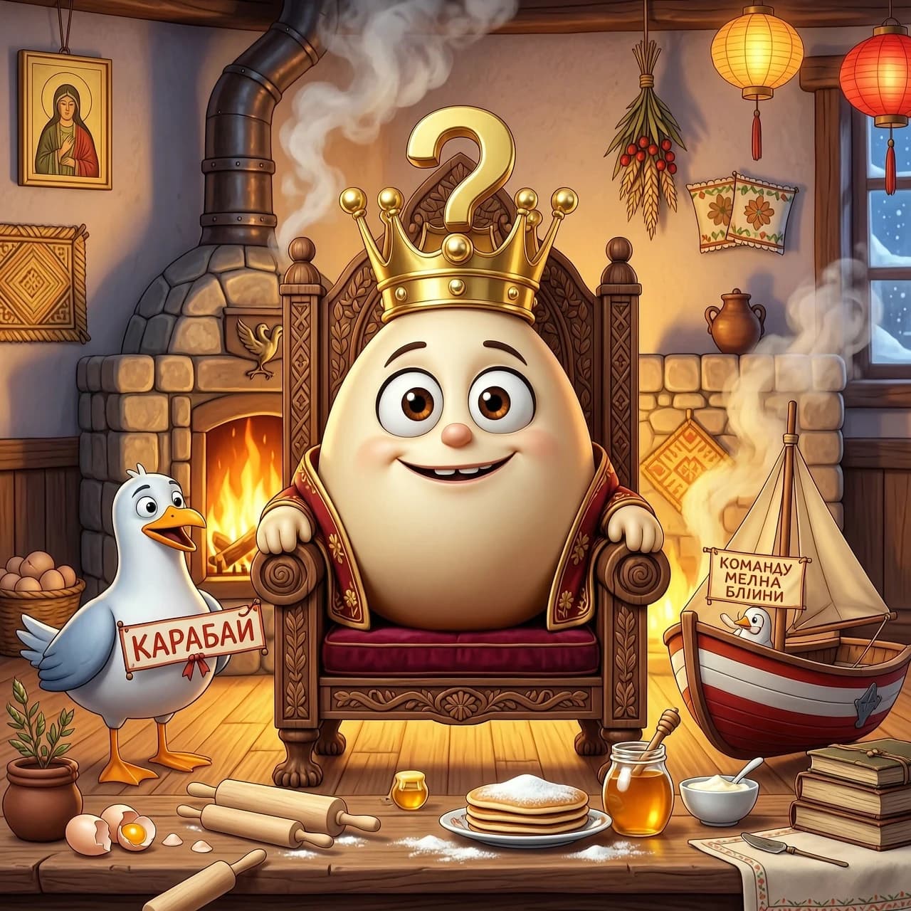 Картинка в стиле Pixar :трон на троне сидит яйцо с вопросительным знаком впереди на голове корона .с обной стороны шаньги поморские с другой коман мелна блины.типа каравай каравай кого любишь выбирай .рядом скалки на столе.на заднем плане русская печь