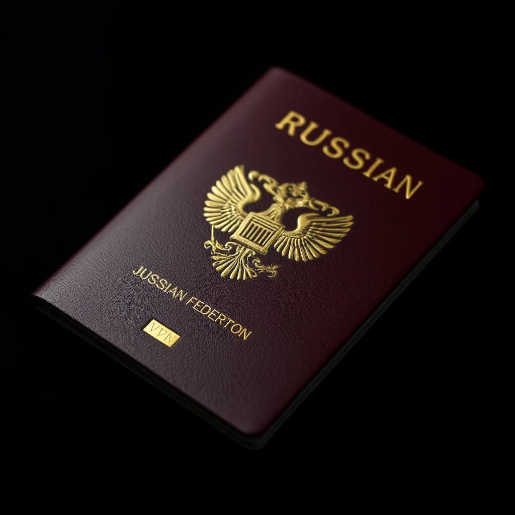 Photorealistic macro shot of a Russian passport on an absolute black background. The cover is dark burgundy leather with a crisp embossed double-headed eagle. Instead of the usual text "РОССИЙСКАЯ ФЕДЕРАЦИЯ", it says in gold Cyrillic letters: "ПРОСТО ВКЛЮЧИЛ VPN". Studio lighting, sharp focus, cinematic shadows.