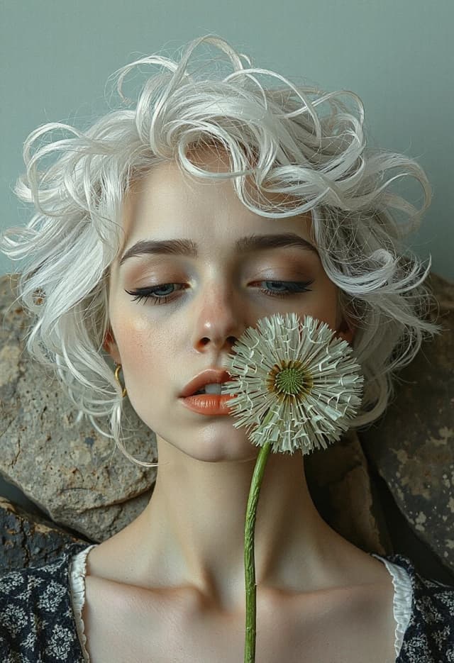 Description: Photorealistic detailed concept art in a minimalist style, various textures, stone and bark, aesthetic, attractive white albino woman looking down, mint lips, conceptual mint color and white, recording, really huge white hair curly hair white dandelion, perforated pages, French hairstyle, woman and giant mint crescent moon, mint background.