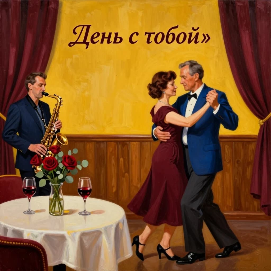 Нарисуй интерьер джаз‑клуба в стиле 1990‑х: тёплый жёлтый свет бра, тёмно‑бордовые бархатные шторы, деревянные панели на стенах, в глубине сцены — саксофонист в полутени. В центре кадра — пара средних лет: мужчина в тёмно‑синем пиджаке и женщина в элегантном платье глубокого винного оттенка; они танцуют медленный танец, держатся спокойно, без пафоса, в их позах — доверие и тихая радость. Рядом — круглый столик с белой скатертью: на нём два бокала с красным вином, между ними — неброский букет из тёмно‑красных роз и эвкалипта. В верхней части кадра, не перекрывая лица, аккуратная надпись на русском языке: «День с тобой» — шрифт классический, с засечками, тёплый золотой цвет, лёгкая тень, чтобы читалось на любом фоне. Палитра: тёмно‑бордовый, золотой, тёплый янтарный, глубокий синий, винно‑красный. Стиль: атмосферная цифровая живопись, мягкие края, лёгкая зернистость плёнки, эффект тёплого винтажного света. Соотношение сторон 16:9. Без текста кроме указанной надписи.
v.2.5