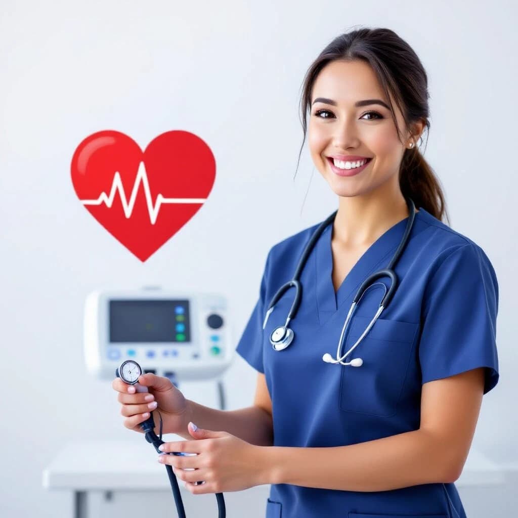 Professional vector graphics on a pristine white background. Nurse smiling, pressure measurement, heart health.