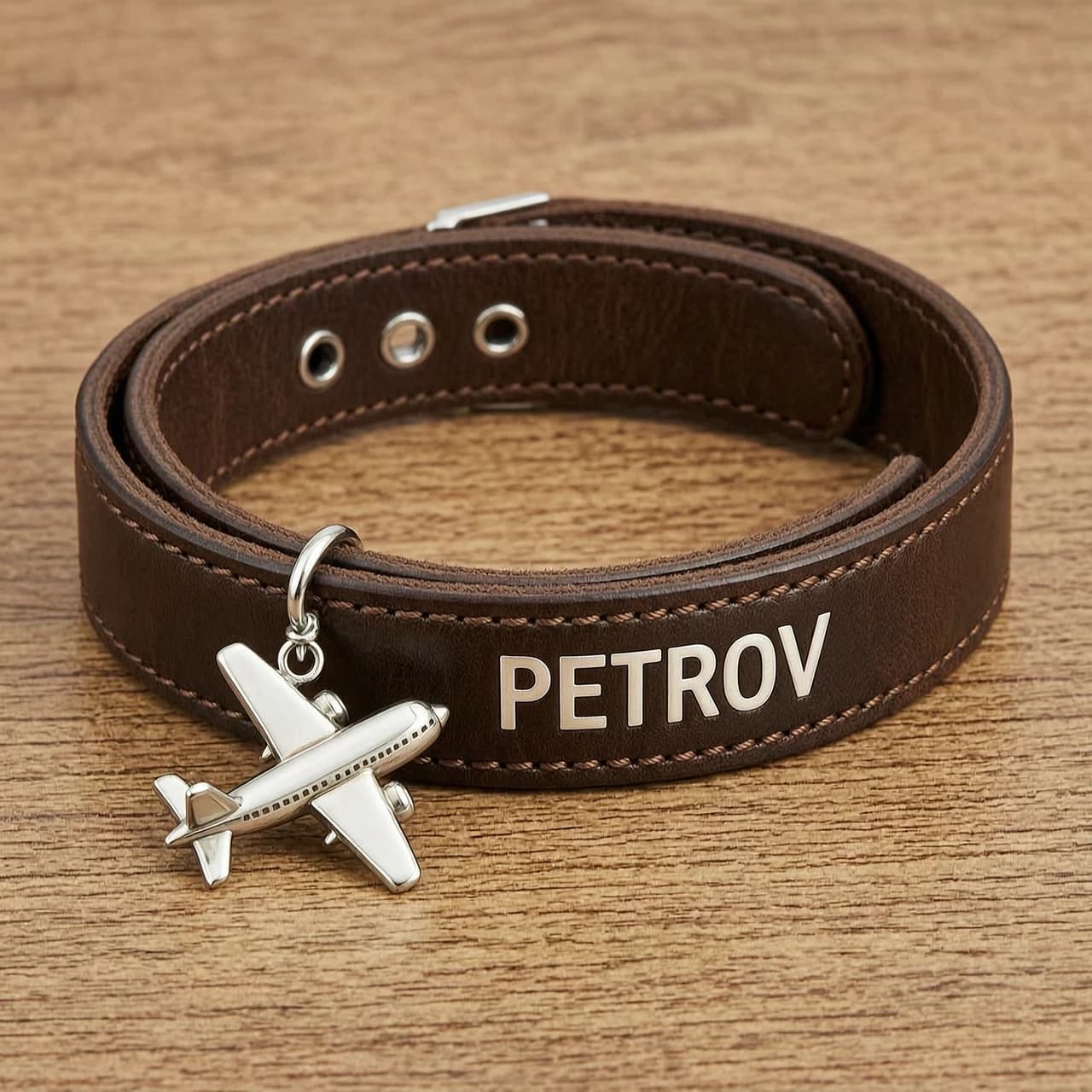 кожаный браслет с подвеской самолётик и логотипом PETROV