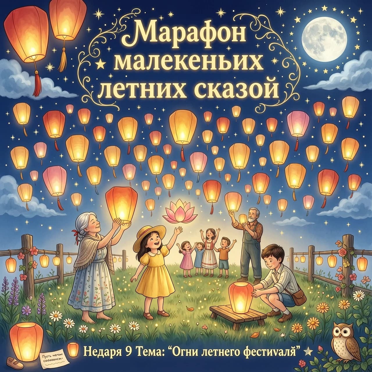нарисуй картинку к посту. летний фестиваль фонариков. Деревенские жители запускают фонарики в небо и загадывают желание. стиль сказка, фентези. Надпись на картинке: Марафон маленьких летних сказок Неделя 9 Тема: "Огни летнего фестиваля"