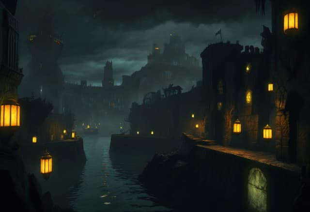 A view from the sea of a gloomy fantasy port in a dark fantasy setting. Stone walls enclose the city; beyond the city lies a gloomy forest; yellowish lanterns are burning in the port.