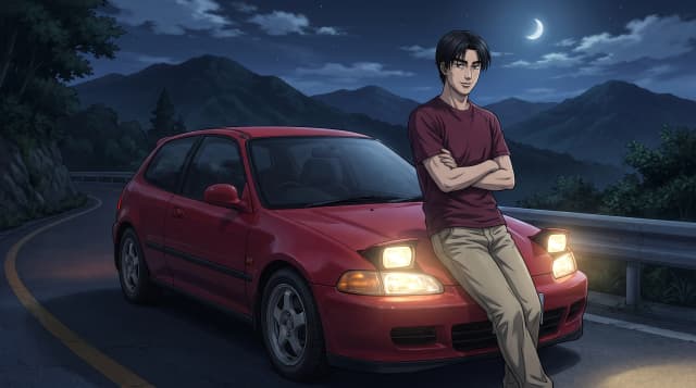 Initial D (Аниме), Синго Сёдзи (парень в бордовой футболке и в бежевых штанах, средние черные волосы, уверенный взгляд) стоит радом с красной Honda Civic SiR-II (EG6), стоит на горной дороге, горящие фары, на фоне японских гор, ночь с луной, шедевр, крупный план, стиль аниме с реалистичными деталями